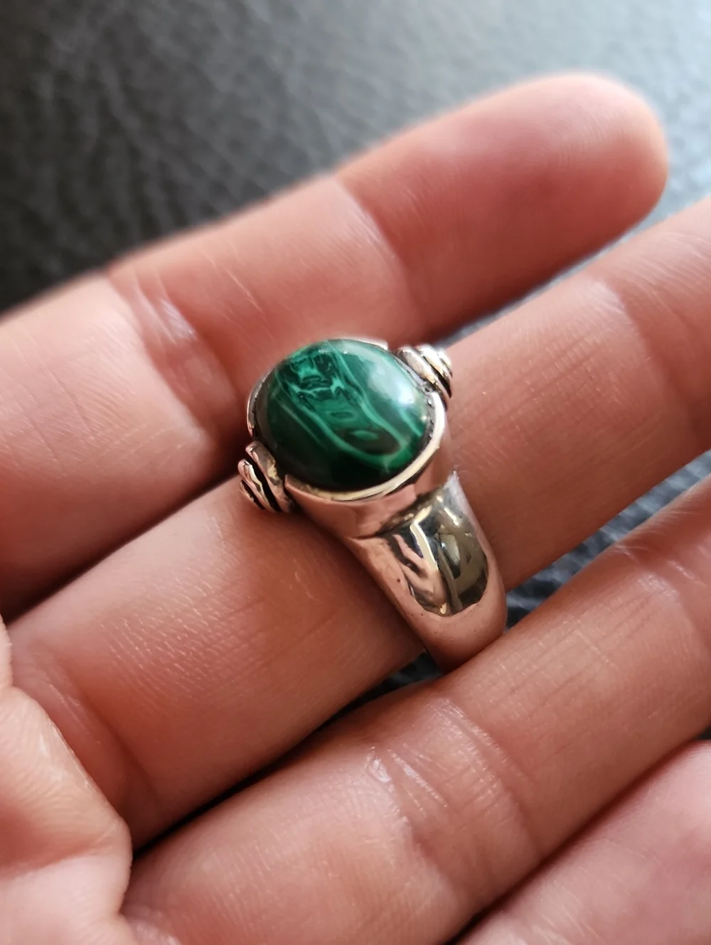 Sterling Silver Green Malachite Oval Statement Ring- Size 11